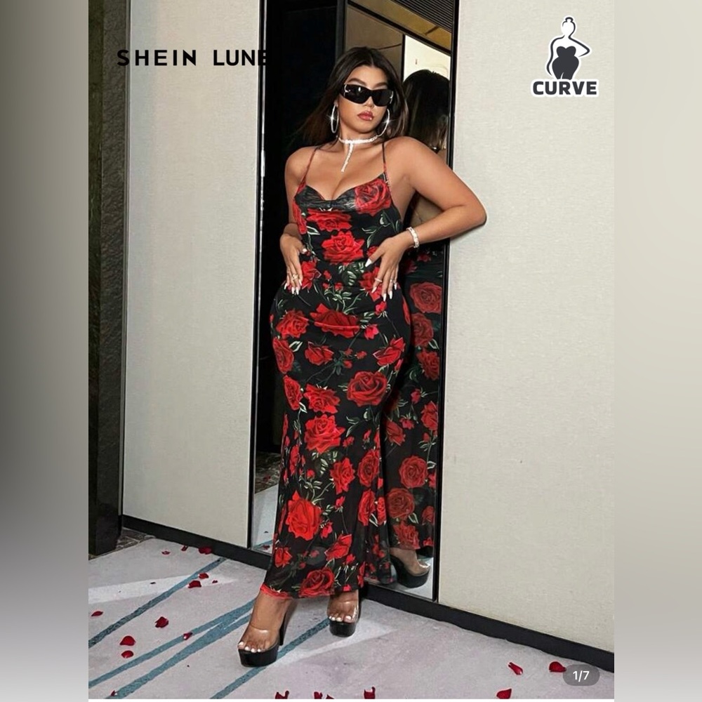 SHEIN LUNE Plus Size Floral Print Draped Neck Cross Back Cami Dress Women Outfit